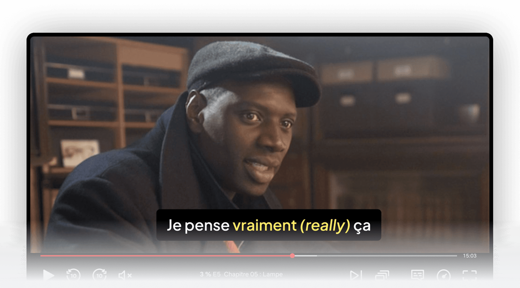 Netflix interface showing Bingy smart bilingual subtitles adapted to learner vocabulary level